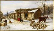 Cornelius Krieghoff Chopping Logs Outside a Snow Covered Log Cabin Spain oil painting artist